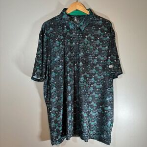 AM Mens 3XL Performance Polo Shirt Black Green Geometric Print Short Sleeve